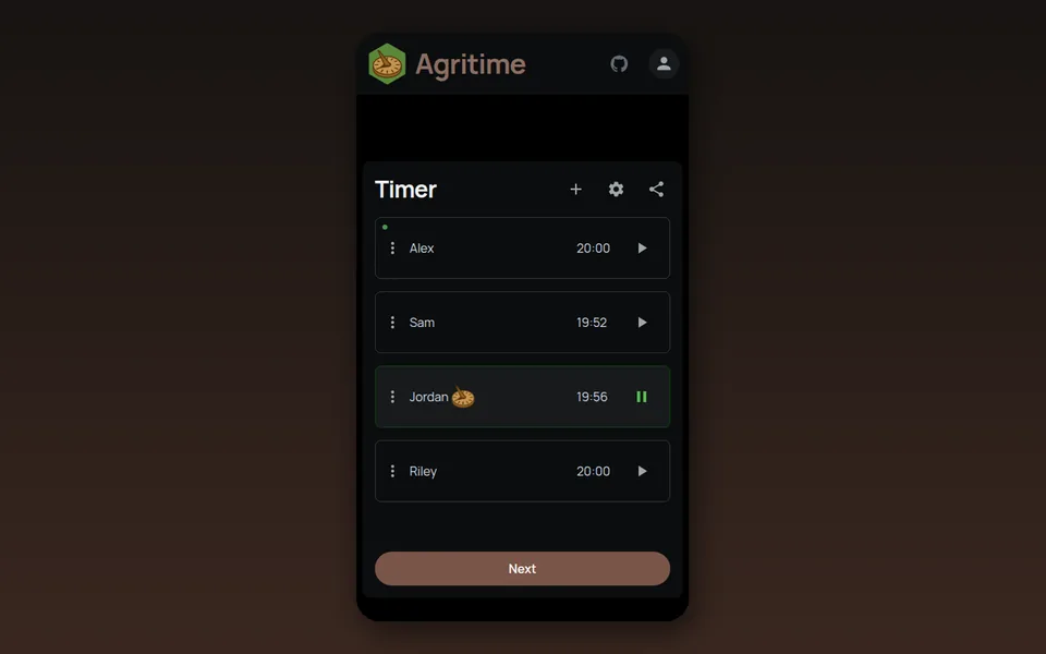Agritime running a four-player timer, with one player's clock active