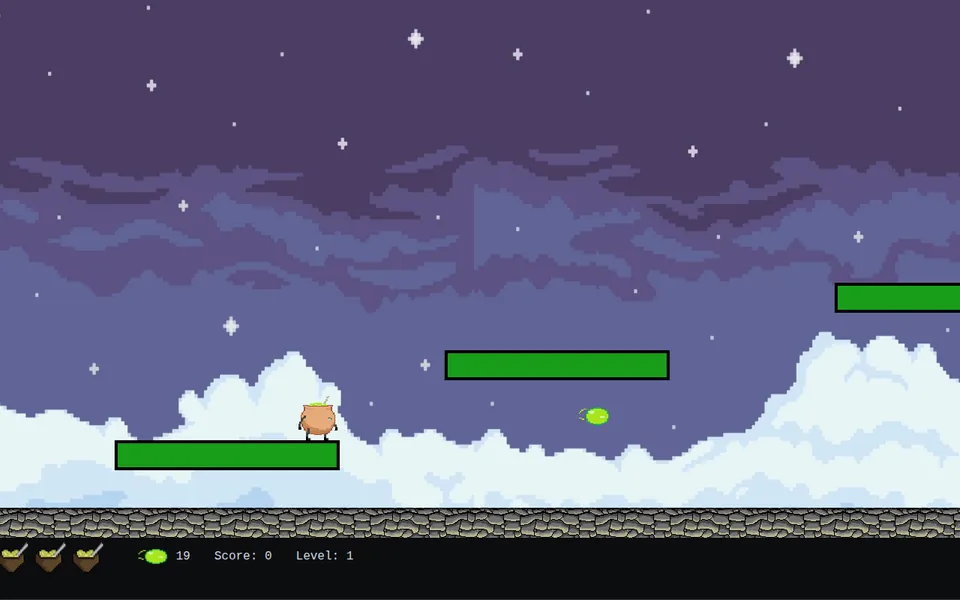 Mate Champion gameplay: the yerba mate gourd hero shooting across floating platforms under a pixel-art night sky